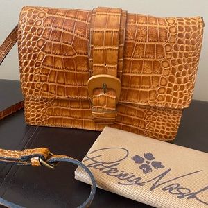 Patricia Nash Leather Cognac Croc Crossbody Shoulder Bag Purse
